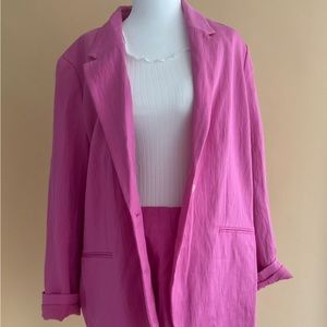 Hot pink oversize suit coat with mini skirt set